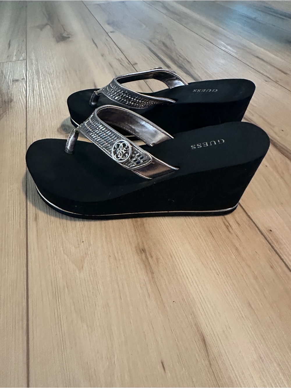 GUESS Black Wedge Sandals with Silver Metallic Straps - Picture 6 of 8